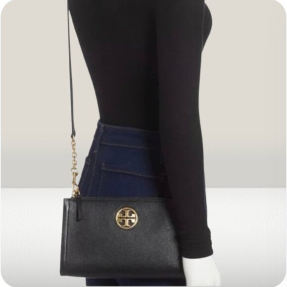 TORY BURCH Carson Pebbled Leather Zip Top Convertible Crossbody Clutch Bag Black - Picture 12 of 12